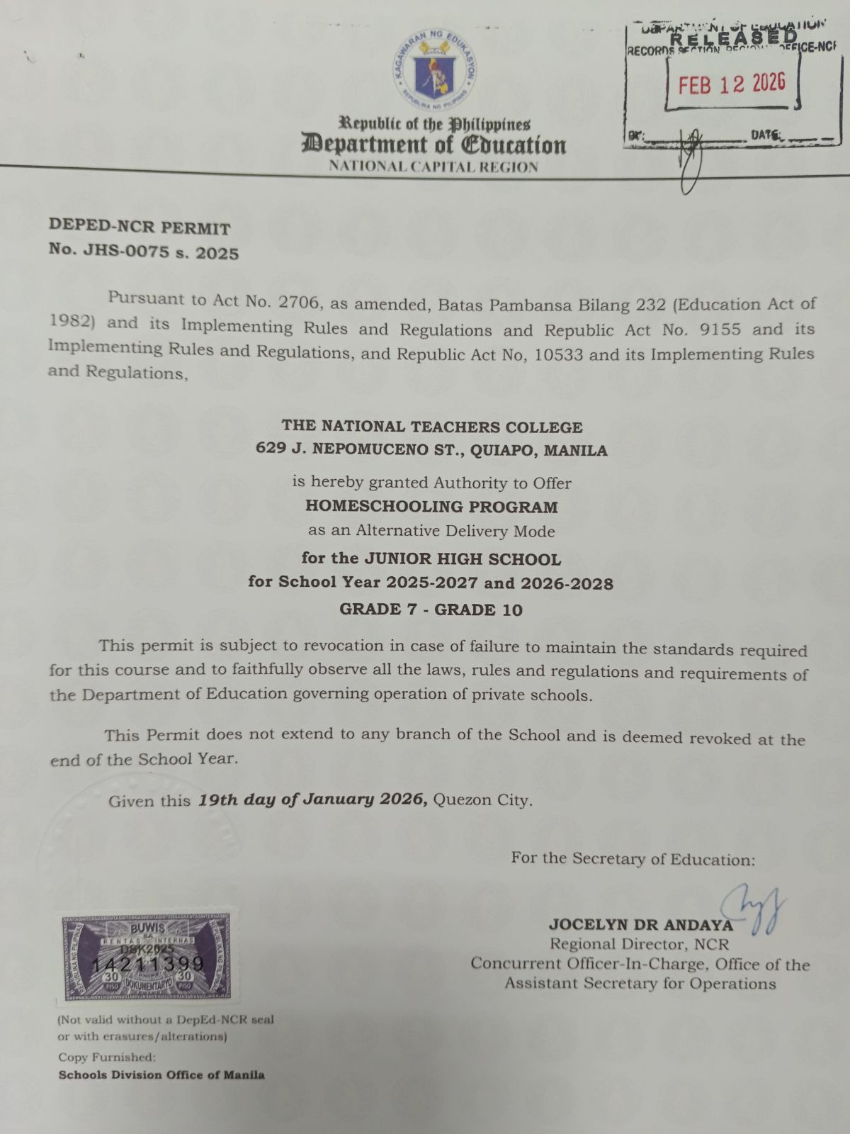 NTC SmartClass Homeschool Permit for Junior High School