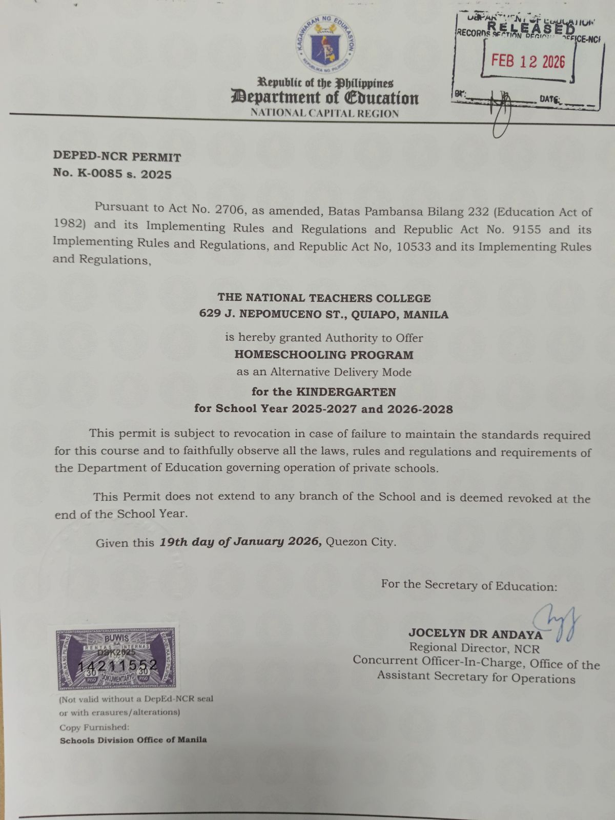 NTC SmartClass Homeschool Permit for Kinder