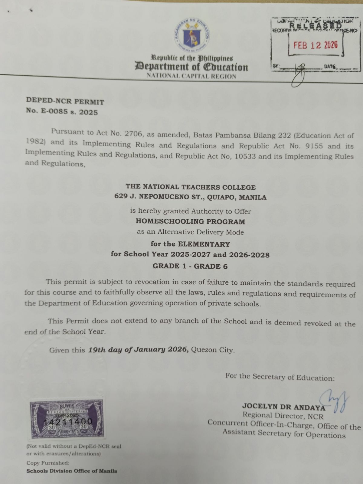 NTC SmartClass Homeschool Permit for Elementary